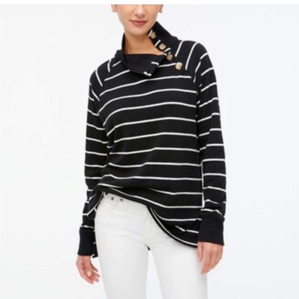 J. Crew Black & White Striped Button-Neck Pullover shirt top sweatshirt small 💕